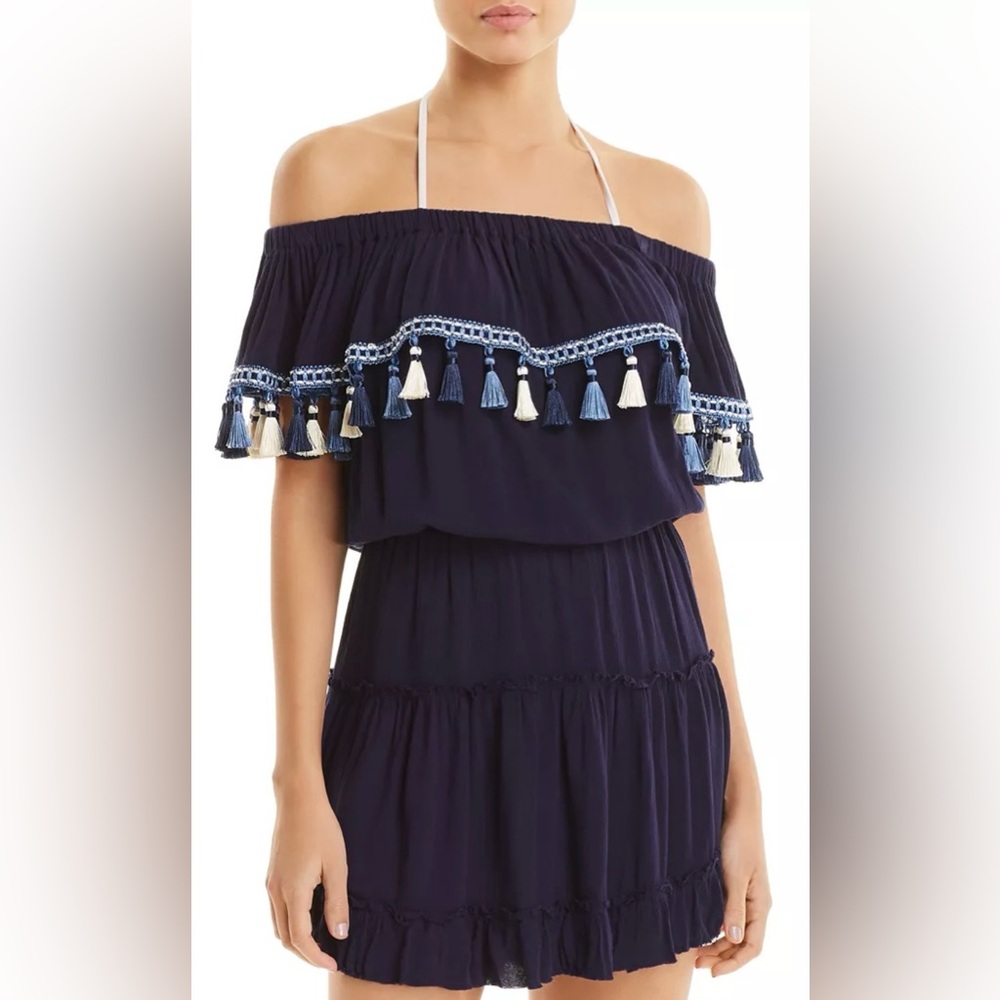 Surf Gypsy Off Shoulder Tassel Boho‎ Dress Navy Blue Rayon Tiered Mini Dress M